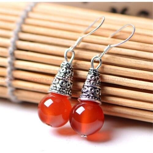 10MM Natural Red Agate Bead Tibet silver Earrings Flawless Aurora Irregular Hook Jewelry Women