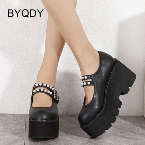BYQDY Girls Platform Lolita Shoes Japanese Style Thick Bottom Comfortable Women Pumps Mary Jane Crystal Pearl College Student