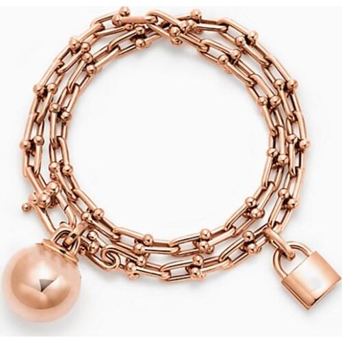 Womens Sterling Silver Bracelet Popular Double Circle U-Chain Lock And Ball Luxury Brand High Quality Jewelry Gifts