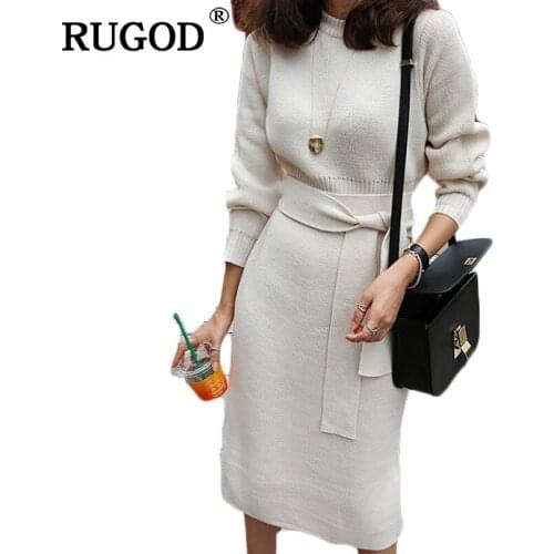 RUGOD 2019 New Winter Kintted Sweater Dress Women Sweet Elegant Pullover O-Neck Long Sleeves Mid-Calf Pencil Dress Solid Color