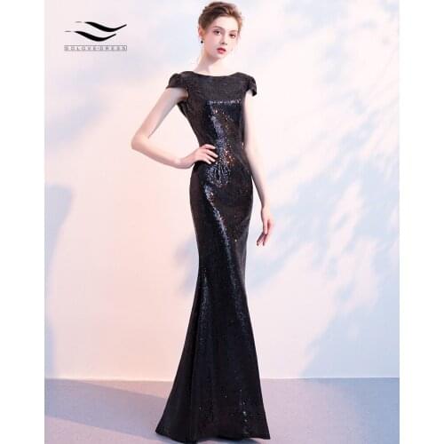 Sexy Stretch Floor Length 2019 Cap Sleeves Black Sequin Mermaid Evening Dress Party Wedding vestido de fiestaSLD-S012