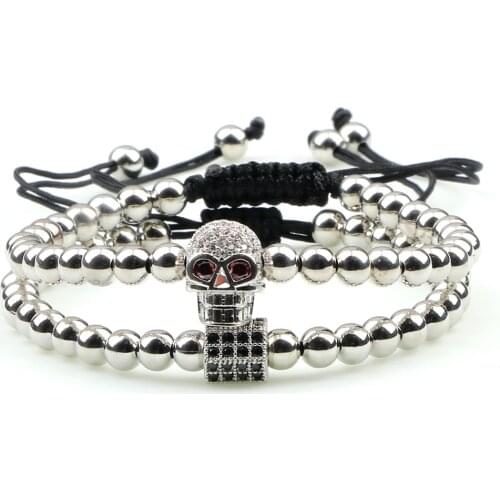 2pcs/set Micro Pave CZ Skull Crown Braided Bracelet Charm Copper Beads Luxury Leopard Cube Bracelets for Women Men Jewelry Gift