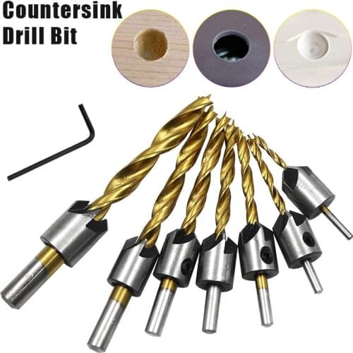 7pcs 3mm-10mm Titanium plated HSS 5 Flute Countersink Drill Bit Set Carpentry Reamer Woodworking Chamfer End Milling Hole Wood