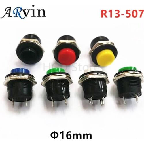 6Pcs Momentary Push Button Switch 16mm Momentary 6A/125VAC 3A/250VAC Round Switches R13-507 Red Yellow Blue Green Blcak White