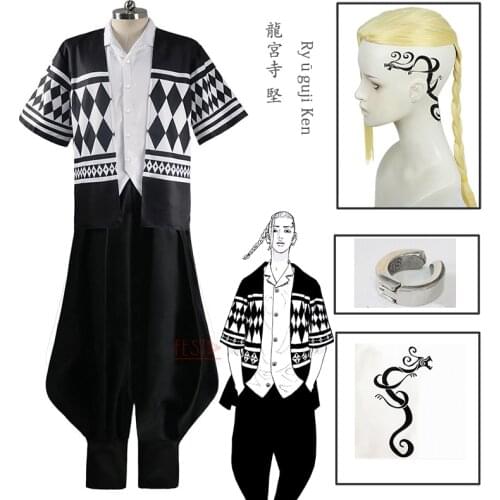 Anime Tokyo Revengers Ken Ryuguji Cosplay Costume Golden Wig Earring Tattoo Suit Shirt Pants Cloak Halloween Full Set Uniform