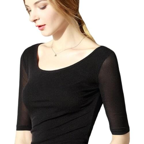ARCSINX Elegant Mesh Top Women Half Sleeve Fashion T shirt Women Summer T-shirt Womens Black White Slim Tight Women T-shirts