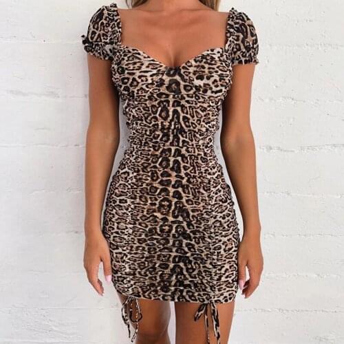 BKLD New Ruched Leopard Print Short Sleeve Bodycon Party Mini Dress Autumn Women Sexy V-neck Backless Animal Printed Short Dress
