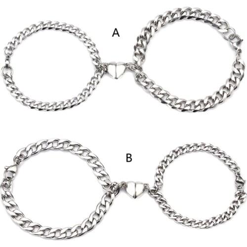 Stainless Steel Cuban NK Love Magnet Titanium Steel Couple Bracelet Silver Heart-Shaped Magnet Bracelet for Women Men