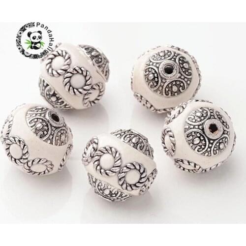Handmade Indonesia Beads with Alloy Cores Round White 14~15x15mm, Hole: 2mm