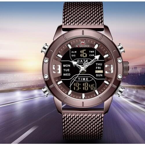 NAVIFORCE Top Brand Luxury Stainless Steel Sports Men Watch Army Military Dual Display LED Waterproof Watches relogio masculino