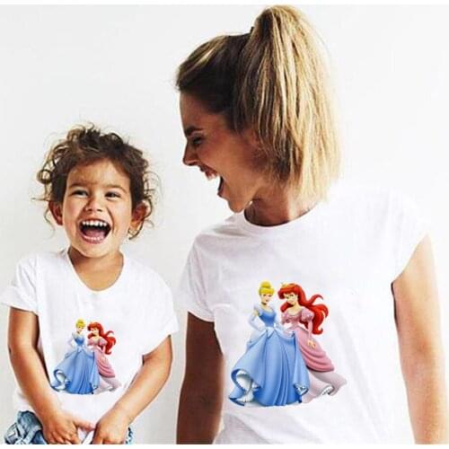 Disney Tees Women T Shirt Princess Print T-shirt Casual White Short Sleeve Kids Boys Girls Tops Summer Family Matching Clothes