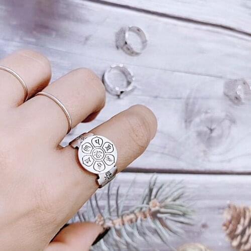 925 silver heart sutra six-character mantra lotus ring personality sterling silver transfer beads open ring jewelry