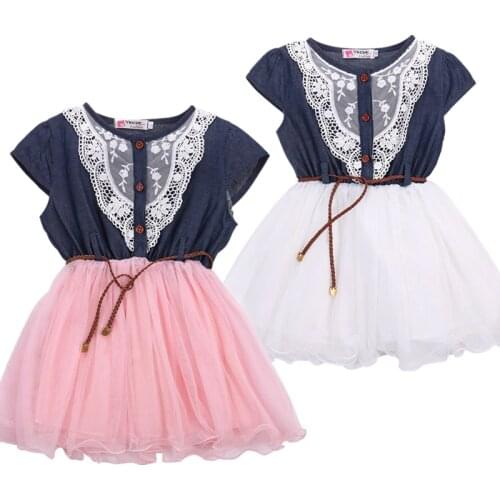 Lioraitiin New Fashion Kids Baby Girls Party Lace Flower Tulle Denim Dress Casual Dresses Clothes 2Styles