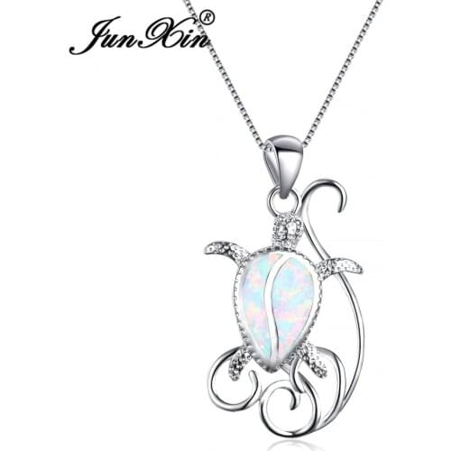 Boho Female White Opal Pendant Necklace Cute Silver Color Chain Necklaces For Women Dainty Beach Turtle Wedding Necklace