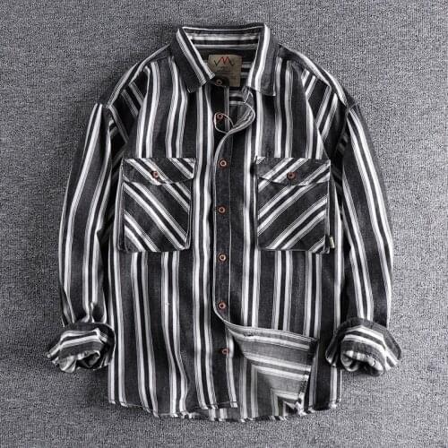 American vertical stripe Long Sleeve Shirt Mens three-dimensional pocket denim fabric loose youth shirt long sleeve top 260