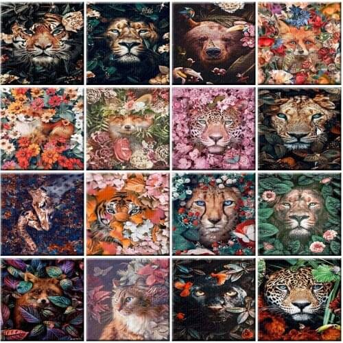 Flower Animals Paint By Number Lion Tigers DIY Frame On Canvas Handmade Oil Painting For Adults Picture Coloring By Number Decor