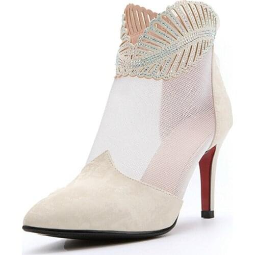 2020 Spring New Womens Boots Silk Cowhide Pointed Toe Ankle Boots Solid Crystal High Heel Comfortable breathable Party shoes