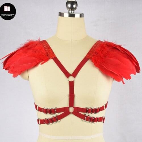 Women New Red Feather body harness sexy Wing bondage lingerie cage bra fetish wear body harness bra cage