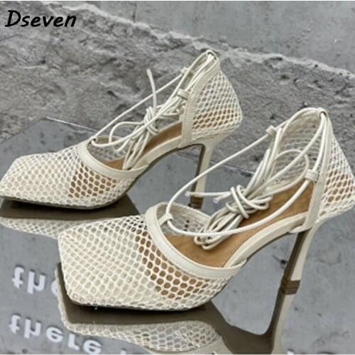 Summer New Women Sandals Fashion Mesh Breathable Square Toe Ladies Sandals High Heels Stiletto Strap Female Sandals Plus Size 43