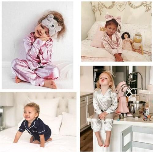 Kids Tales Pajama Sets for Girls Silk Satin Top+Pant Long sleeve Solid Silky Pyjamas Nightgown Children Sleepwear for Boy Outfit