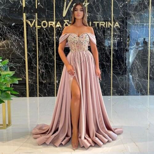 Eightale Arabic Baby Pink Evening Dress Off the Shoulder Beaded with Crystals A-Line Long Formal Celebrity Prom Party Gown 2021
