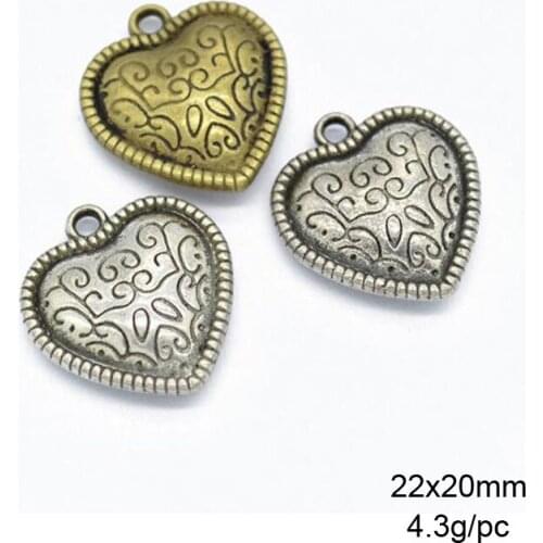 20pcs/lot 22x20mm Zinc Alloy Charm Antique Silver Antique Bronze Heart Charms Pendants