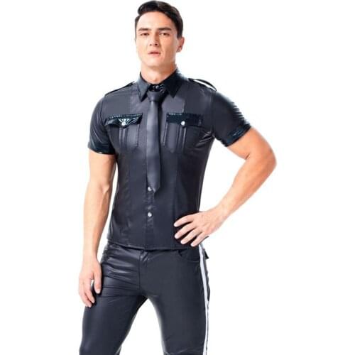 Sexy Men Blouse Shirts Soft Faux Leather Man Fashion Uniform T-Shirts DS Night Clubwear Punk Shiny Stage Gay Wear Plus Size 45