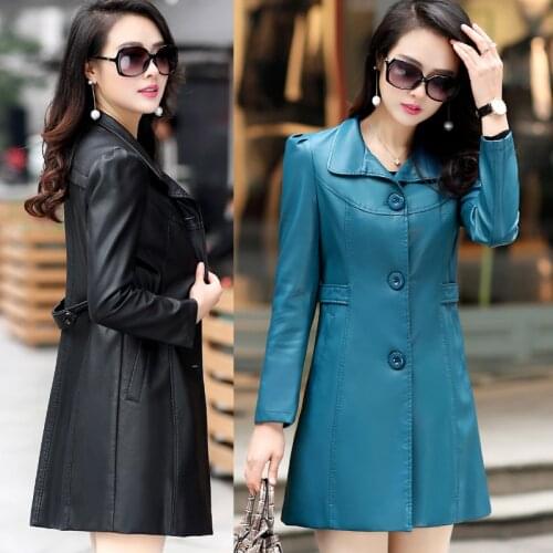 2018 spring and autumn long section of PU leather womens jacket middle-aged womens large size Slim leather coat TB18907