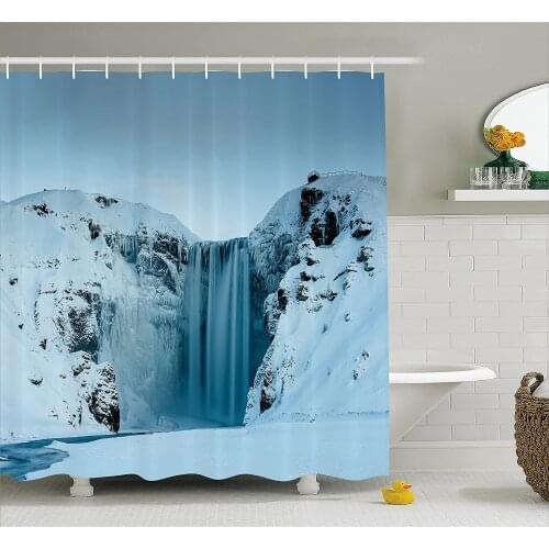 Waterfall Shower Curtain Frozen Waterfall Heavenly Landscape View with Mountains Covered with Snow Bath Curtains For Bathroom