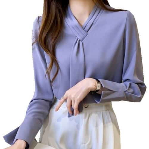 Women casual grace lady chiffon Full sleeve soild shirts v-neck loose spring summer plus size loose blouse chiffon tops