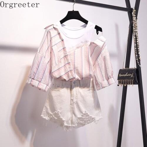 Preppy Style Female Korean Irregular Striped Splicing Letter Embroidery Shirt Blouse Hole Jean Shorts Two-Pieces Student Sets