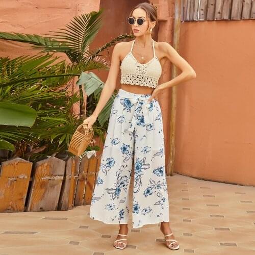2021 Womens Loose Summer Pants Soft Ankle-Length Print Flower Wide Leg Pants Women White High Waist Trousers YY05