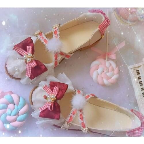 Japanese sweet lolita shoes vintage cute strawberry lace princess kawaii shoes round head low heel women shoes loli cosplay