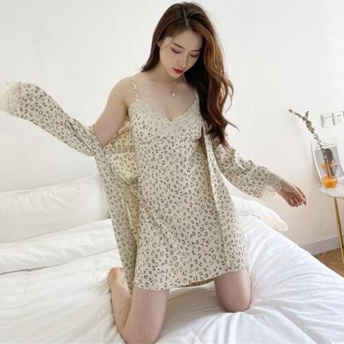 2021 Summer 2PCS Silk Satin Sexy Leopard Lace Lingerie Nightgowns Robe Sets Women Bathrobe Sleepwear Suit Nightdress Night Dress
