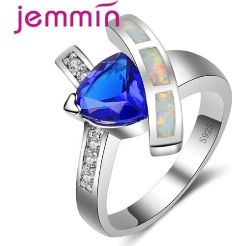 New Fashion Jewelry White Fire Opal Ring Women Triangle Blue Wedding Rings 925 Sterling Silver for Engagement