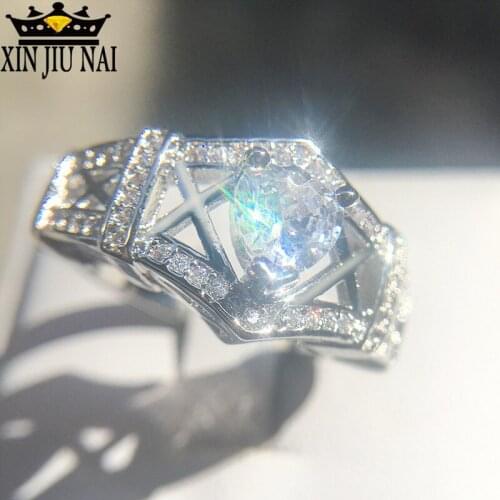 Hollow Trendy Silver Color Wedding 14K Ring for Women Jewelry Finger Party Princess Created Tower Heart Shape CZ Fashion Rings