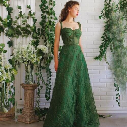 Beautiful Green Evening Dress Lace A-Line Spaghetti Strap Floor Length Evening Dresses Long Formal Gowns vestido de festa Longo