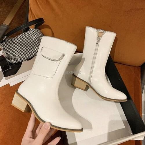 Winter Genuine Leather Mid-Calf Boots Woman Pointed Toes High Heels Boots Woman Zip Decora Boots Woman Chelsea Boots Short Boots