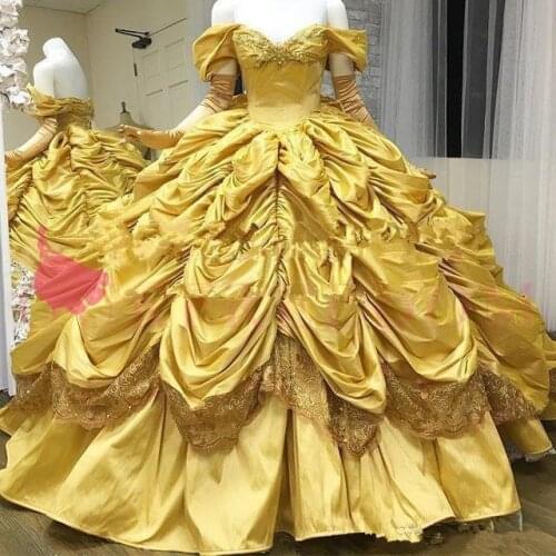Gold Quinceanera Dresses Off The Shoulder Princess Taffeta gothic Ball Gown Ruffles Skirt Sweet beast princess Prom Dresses