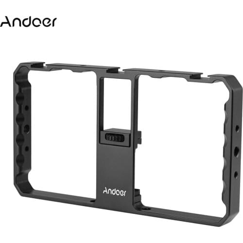 Andoer Smartphone Video Rig Cage Vlog Grip with Phone Clamp Triple Cold Shoe 1/4 3/8 Thread for Vlog Film-making for Smartphones