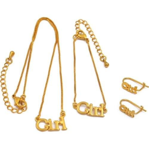 Anniyo Girl Jewelry set 30cm Necklace/13cm Bracelets Earrings for Baby Child Gold Color Jewellery Infant Gifts #048511