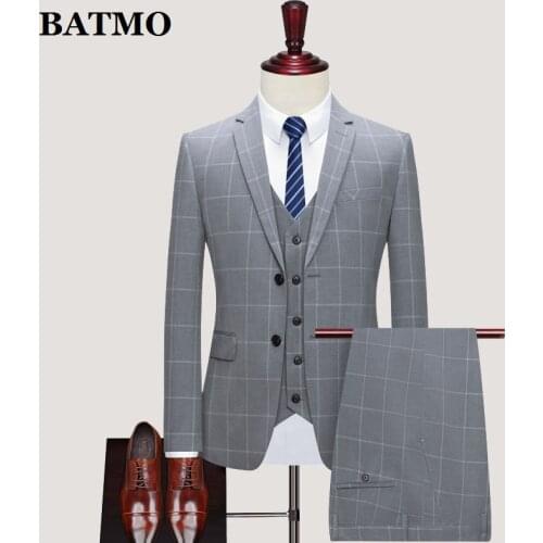 BATMO 2020 new arrival spring plaid casual suits men,mens wedding dress,jackets+pants+vest,SJT812
