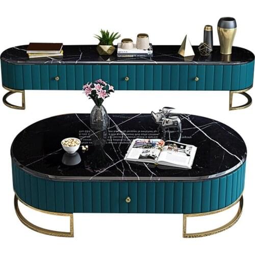 Tea table bluek/white Living Room TV monitor stand mueble marble leather oval edge cabinet +tv stand table+Coffee centro Table