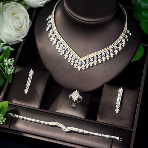 HIBRIDE 2 Tones Zirconia Wedding Accessories Bride Set CZ Indian Jewelry Sets for Women pendientes mujer moda 2019 N-1130