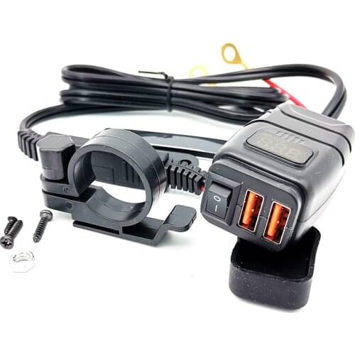 Motorcycle Handlebar Mount Dual USB QC3.0 Quick Charger with Voltmeter Waterproof