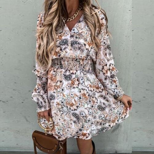 Fashion Women Casual V Neck Long Sleeve Elastic Waist Party Dress Elegant Ruffle Autumn Dress Floral Printed Loose Mini Dresses