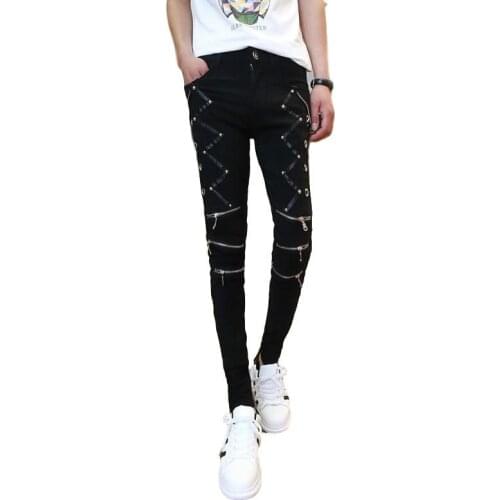 Fashion Slim Fit Pants Punk Style Black Patchwork Leather Zippers Dance Night Club Gothic Button Jeans Trouser for Men
