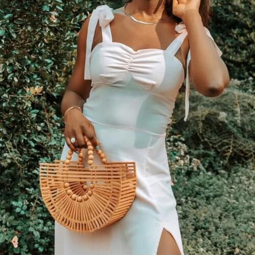 Monsisy Bamboo Bags For Women Straw Bag Travel Vacation Totes Summer Wooden Hollow Bead Handle Beach Bag Basket Lady sac bolsos