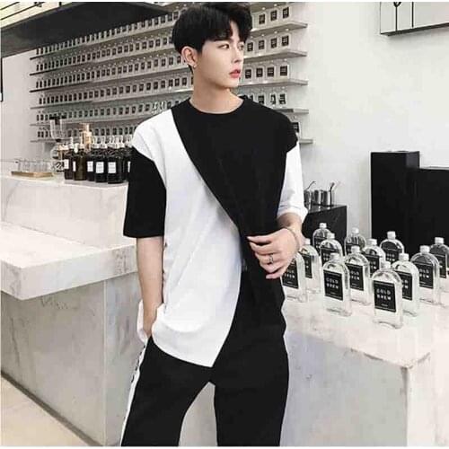 Irregular personality trend Short Sleeve Black and white color matching half sleeve crew neck T-shirt summer mens slit hem half
