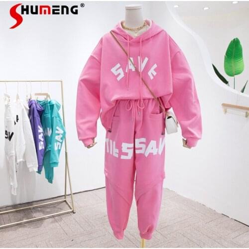 2021 Spring New Casual Loose Sports Pants Set Female Letter Printed Hoodie Drawstring Sweatpants Two-Piece Set Women Tracksuit